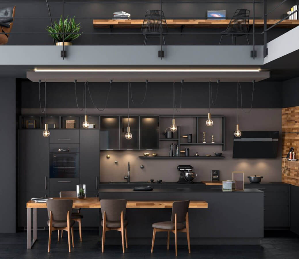 Cuisine moderne à Montréal avec armoires noires, luminaires suspendus